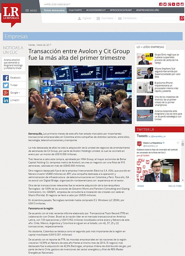 Transaccin entre Avolon y Cit Group fue la ms alta del primer trimestre